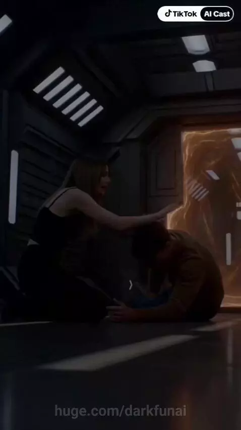 Captain Marvel in golden energy, fighting aliens in a spaceship and space.