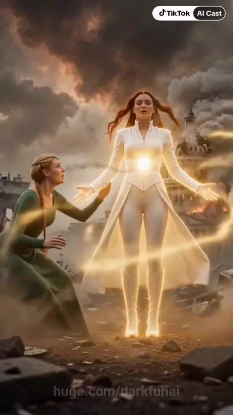 Two women in a futuristic flying car above clouds, one in a green dress, the other in white.