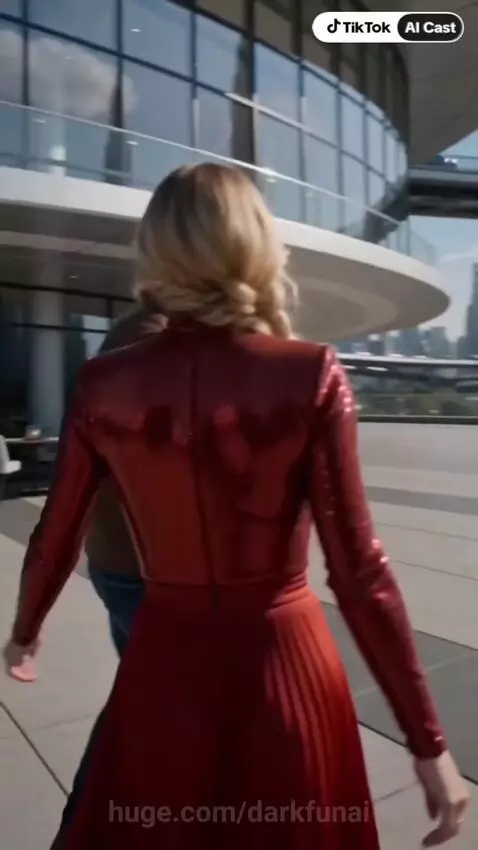 Man with glowing blue eyes and a woman in a red dress embrace on a balcony overlooking a futuristic city.