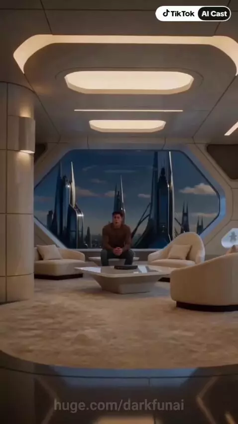 A man in a futuristic apartment looking shocked after a breakup, with another man offering comfort.