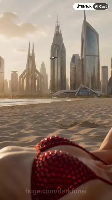 Couple embracing on a futuristic beach with a stunning city skyline in the background during a proposal.