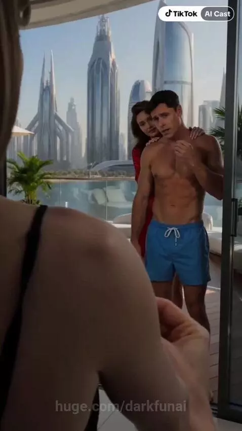 Woman holding engagement ring confronts man embracing another woman on a futuristic city balcony.