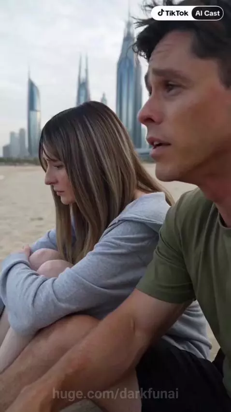 Woman confronting her grandpa in a futuristic office with a city view.