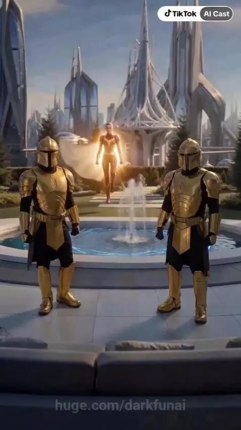 Woman in a glowing red and gold superhero suit in a futuristic city, facing armored figures.