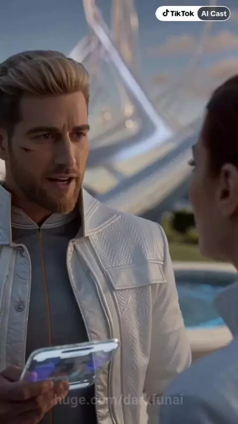 Futuristic city with tall buildings, a woman with red braided hair confronts a man about Kristen's anger.