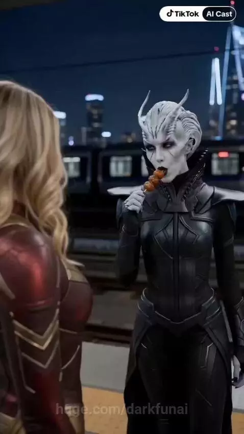 Captain Marvel and a horned villain in black cosplay costumes confront each other on a subway platform at night.