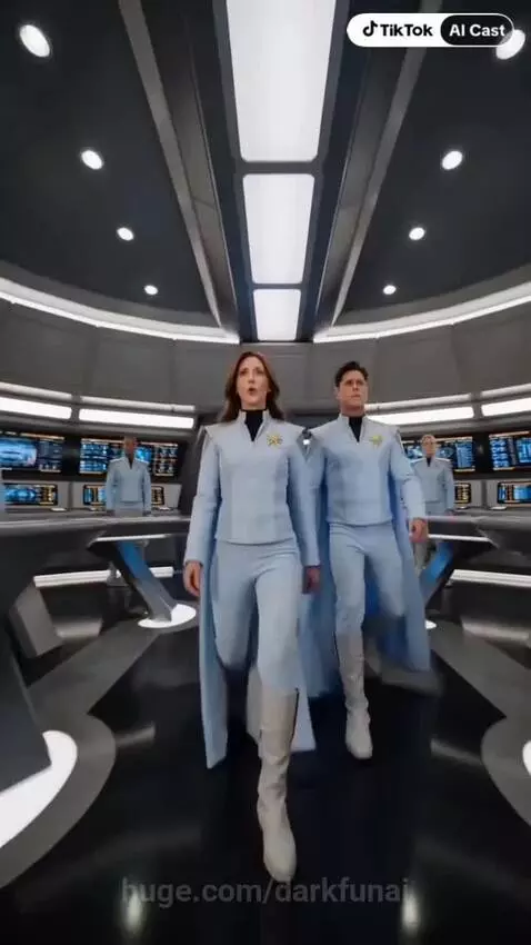 Futuristic spaceship bridge with Captain Kathy at the controls and crew members at their stations.