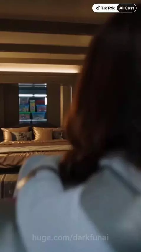 Couple in futuristic attire cuddling in bed, with shelves of toy boxes in the background.