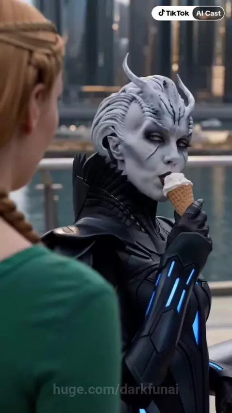 Horned alien empress in black armor eating ice cream in a futuristic city.