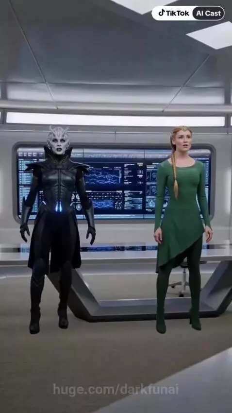Alien and human characters in a futuristic room with a holographic galaxy display, hinting at a long space journey.