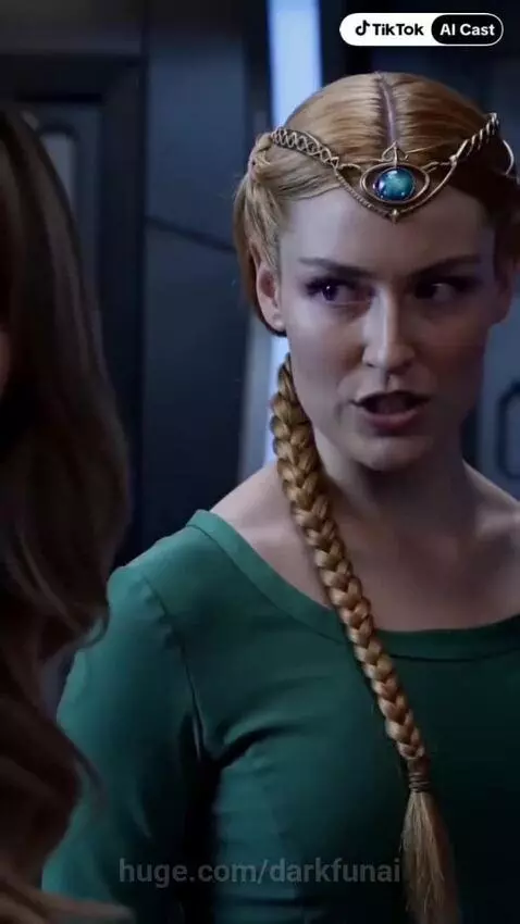 A woman with glowing yellow eyes and orange energy emanating from her arms, confronting another woman in a futuristic setting.