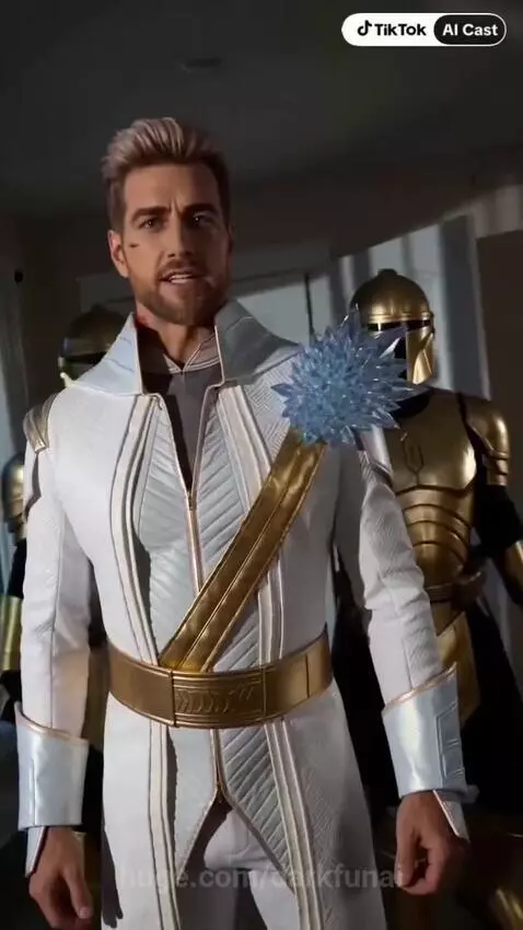 Futuristic officer in white and gold uniform confronts a woman in a black lace top, with two golden armored figures behind him.