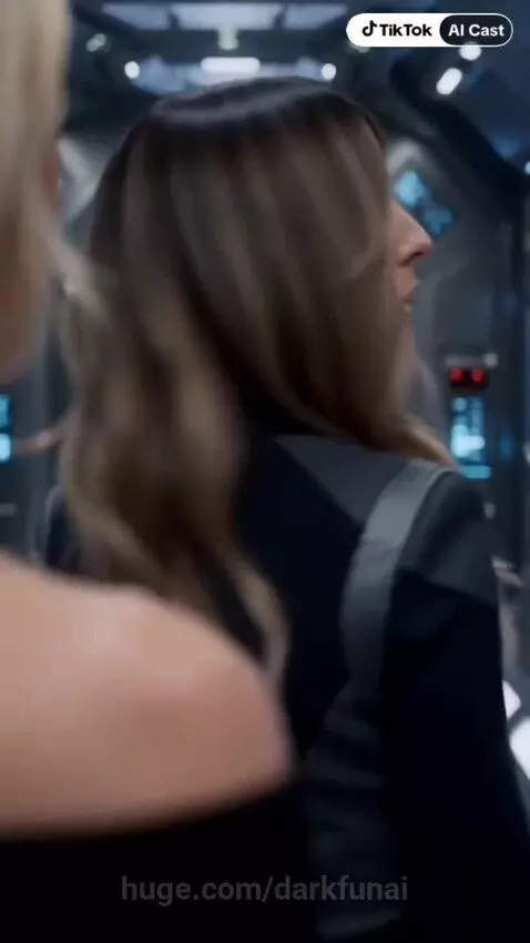 Two women in futuristic attire walk down a metallic corridor towards a bright opening, with armed guards initially present.