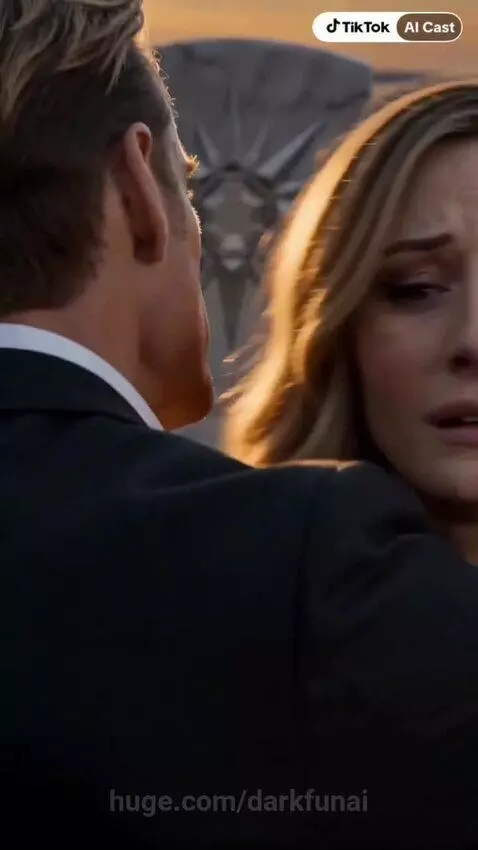 Captain Marvel crying at a gravesite at sunset, comforted by her father.