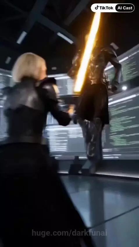Man and woman in futuristic armor with glowing swords fighting, sparks flying.
