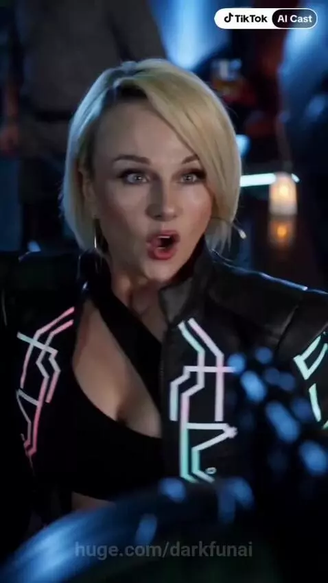 Woman in futuristic bar with glowing jacket reacts with surprise to aliens with grey and pink skin and tentacles.