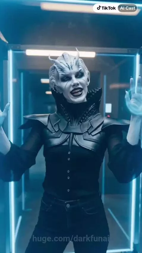 Woman with horns in futuristic outfit inside containment unit, interacting with men.
