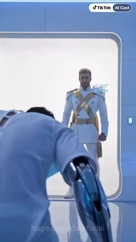 Knight Murphy in a futuristic blue and black robotic suit, looking at his metallic robotic arm.