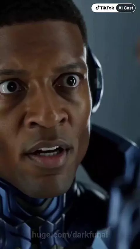 Man in a glowing futuristic suit with glowing eyes, removing helmet, looking surprised.