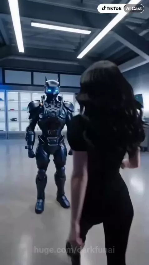 Woman with dark hair and nose ring confronts a futuristic robot with glowing blue eyes.
