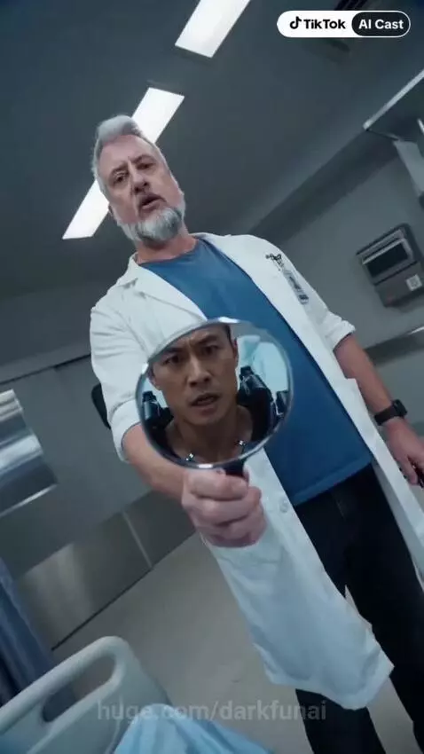 Man in futuristic armored suit with robotic hand, looking confused in a hospital setting.