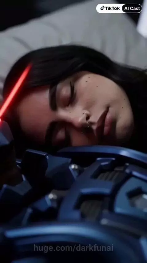 Futuristic robot gently holding a woman, depicting a caring and advanced relationship.