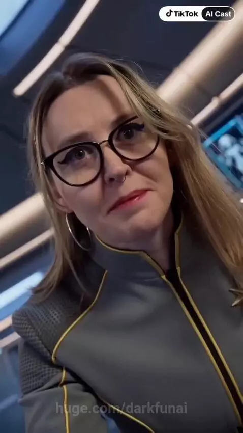 Two women in a futuristic control room, one in a grey uniform questioning the other about a missing agent and an alien pursuit.