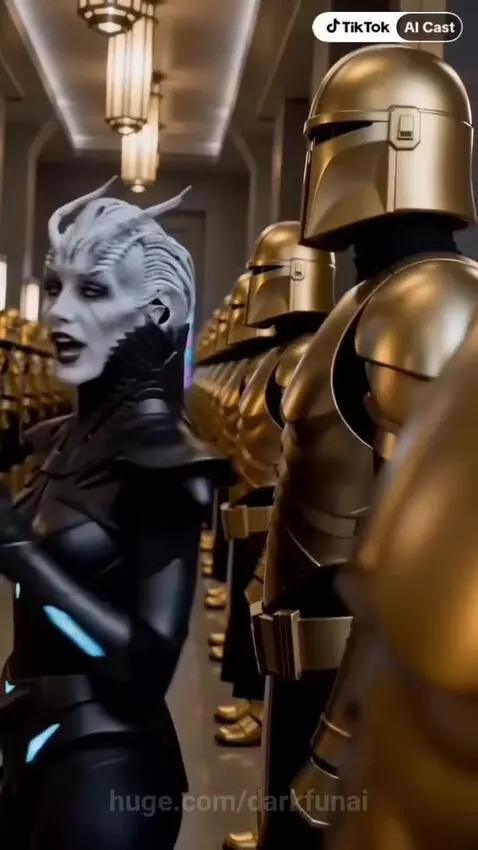 An alien queen with grey skin and horns eats a pink donut in a grand hall, ignoring a rebellion threat.