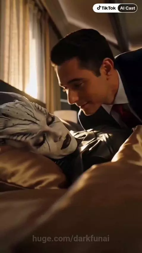 Man in suit kisses woman in bed with distinctive headpiece; she opens her eyes.