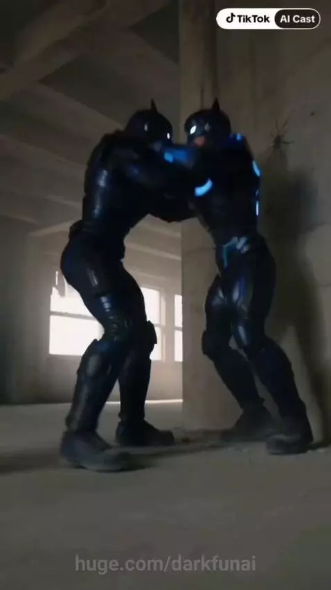 Two armored figures fight in a futuristic setting, one defeats the other.