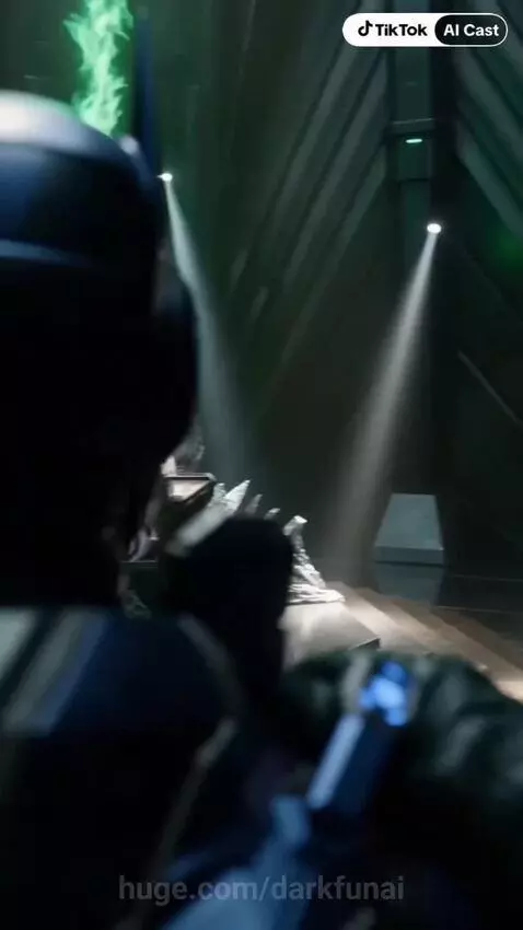 Futuristic armored soldier with glowing blue eyes facing a queen with glowing green eyes on a throne.