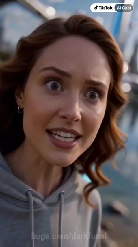 Woman excitedly looking at a high-end gaming PC setup in a modern apartment.