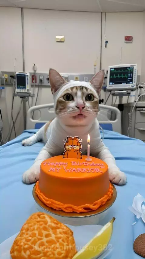 A bandaged cat lies on a hospital bed with a Garfield birthday cake and a lit candle.