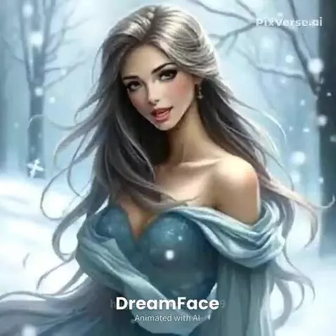 Woman transformed into an AI ice queen with silver hair and a blue gown in a snowy forest.