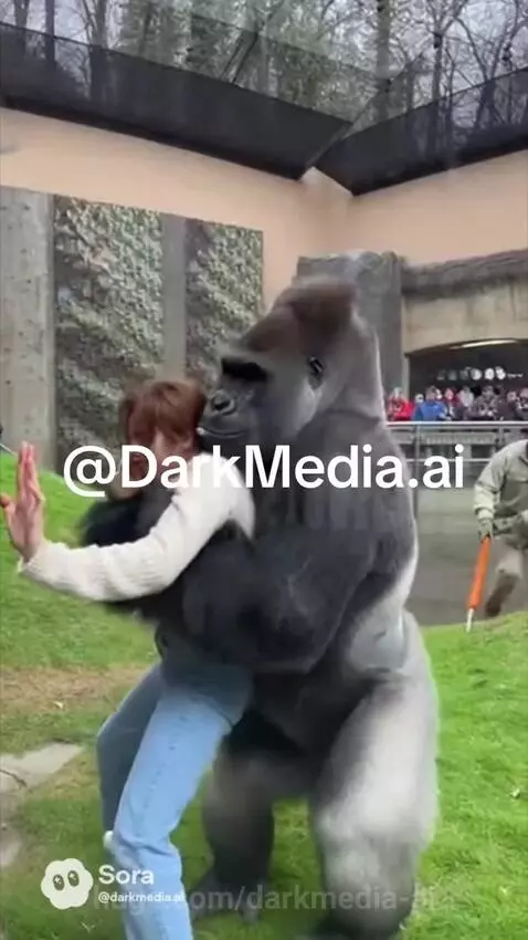 A silverback gorilla tightly holds a woman in a zoo enclosure as a zookeeper approaches with a long pole.