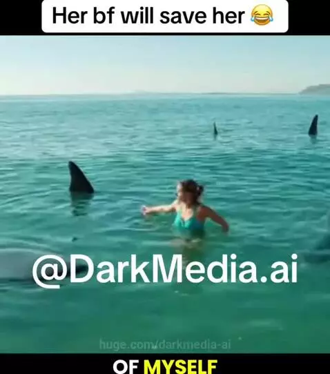 Woman in turquoise swimsuit surrounded by shark fins after ignoring warning on a beach.