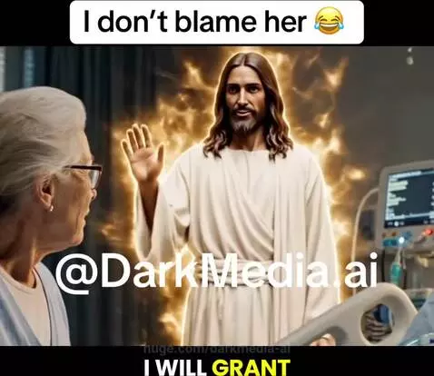 Elderly woman praying by sick husband's bedside as a divine figure appears, offering one wish.