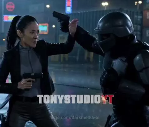 Michelle Yeoh in a black jacket performing martial arts and using a handgun in a nighttime industrial setting.
