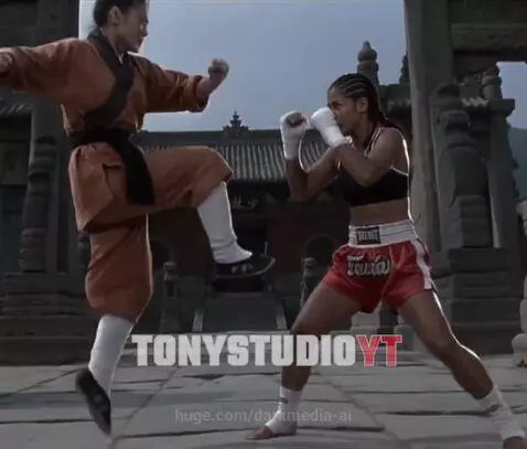 Two women in martial arts uniforms fighting intensely in front of an Asian temple.