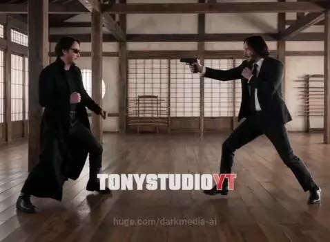 Neo and John Wick fighting intensely in a Japanese dojo with martial arts and gun-fu.
