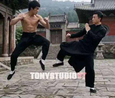 Bruce Lee and Donnie Yen in a dynamic martial arts fight scene, exchanging powerful kicks and punches.