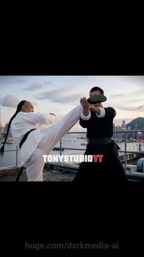Jet Li and Donnie Yen in a martial arts fight on a rooftop with a city skyline.
