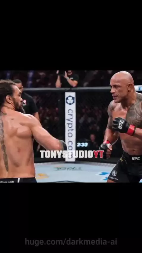 Simulated MMA fight between fighters resembling Jason Momoa and The Rock in a UFC octagon.