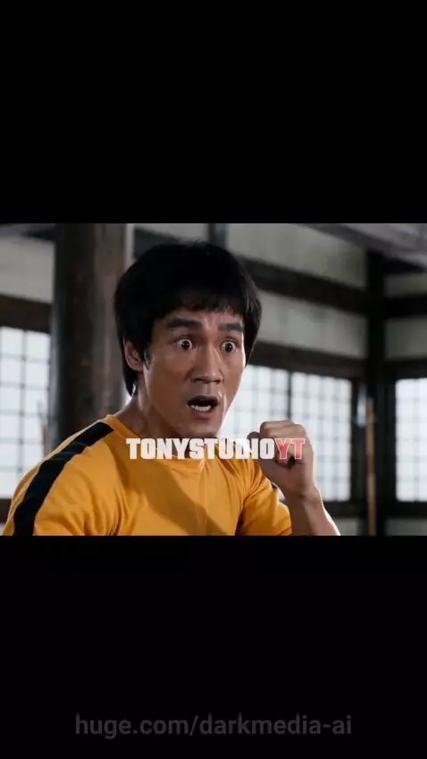 Bruce Lee in yellow tracksuit fights Jackie Chan in beige outfit with a gourd in a wooden dojo.