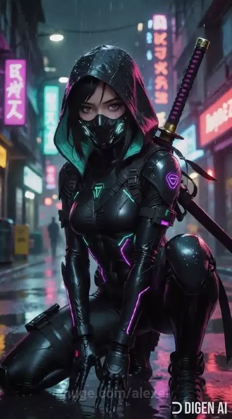 Cyberpunk female character in black hooded jacket, mask, and neon accents, holding a katana in a rainy city at night.