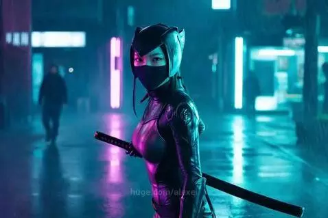 Female cyber ninja in black latex bodysuit and cat-ear hood, standing in a neon-lit cyberpunk city at night.