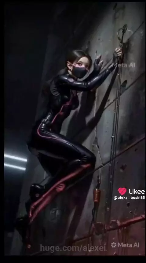 Cyberpunk kunoichi in a skintight suit with glowing accents, climbing a building in a neon-lit futuristic city.
