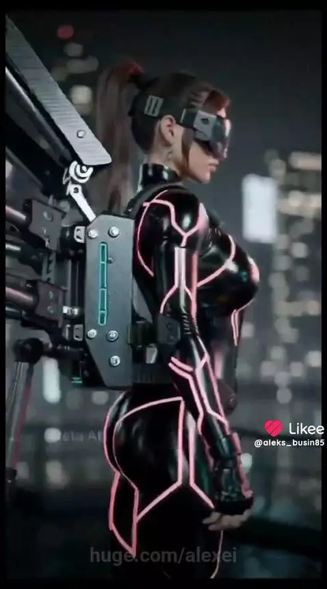 Female character in a black latex suit with neon circuits and mechanical wings, flying through a rainy, neon-lit Neo-Tokyo.