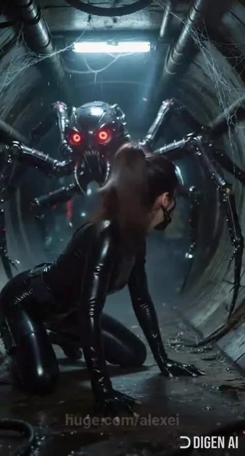 Woman in black suit and mask crawling away from a large mechanical spider with glowing red eyes in a dark, metallic tunnel.