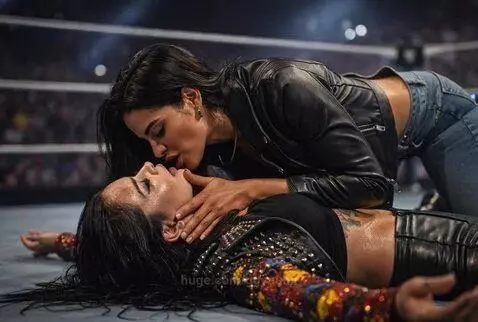 Two women in wrestling attire kissing passionately in a ring, one kneeling over the other.